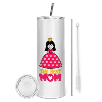 The Best Mom Queen, Tumbler ποτήρι θερμό από ανοξείδωτο ατσάλι 600ml, με μεταλλικό καλαμάκι & βούρτσα καθαρισμού