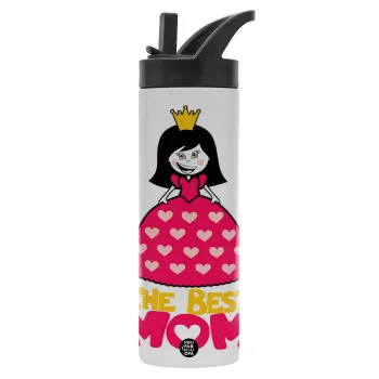 The Best Mom Queen, Metallic thermos bottle with straw & handle, stainless steel (Stainless steel 304), double-walled, 600ml.