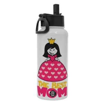 The Best Mom Queen, Metal mug thermo White with Straw and Spout Lid (Stainless steel), double wall, 950ml