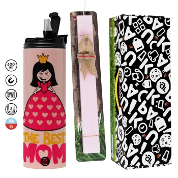 The Best Mom Queen, Πασχαλινή Λαμπάδα με  ΡΟΖ Travel Tumbler θερμό (600ml, BPA free) & κερί αρωματικό πλακέ (30cm) (ΡΟΖ)
