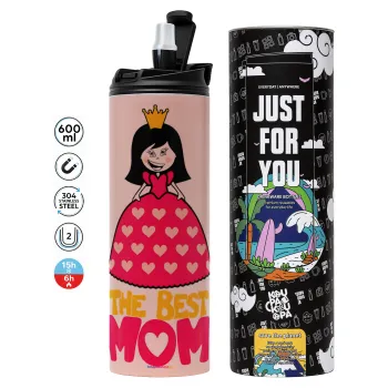 The Best Mom Queen, Tumbler ποτήρι θερμό ΡΟΖ από ανοξείδωτο ατσάλι 600ml
