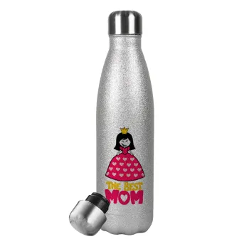 The Best Mom Queen, Μεταλλικό παγούρι θερμός Glitter Aσημένιο (Stainless steel), διπλού τοιχώματος, 500ml