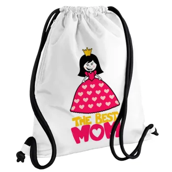 The Best Mom Queen, Backpack pouch GYMBAG white, with pocket (40x48cm) & thick cords