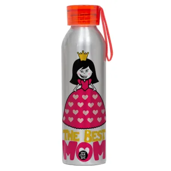 The Best Mom Queen, Αλουμινένιο Αθλητικό Μπουκάλι 650ml – Ασημί με Κόκκινο Καπάκι και Λουράκι Σιλικόνης