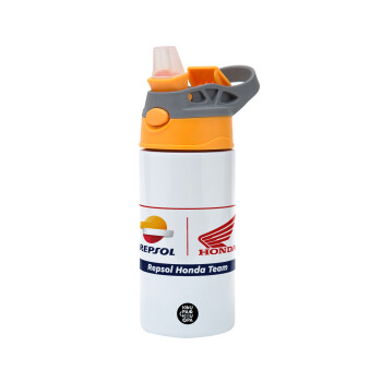 Honda Repsol Team, Παιδικό παγούρι θερμό, ανοξείδωτο, με καλαμάκι ασφαλείας, Πορτοκαλί/Γκρι (360ml) BPA-FREE