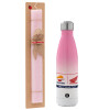 Easter Set, Metallic pink/white (Stainless steel) thermos, double-walled, 500ml & aromatic flat Easter candle (30cm) (PINK)
