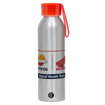 Honda Repsol Team, Αλουμινένιο Αθλητικό Μπουκάλι 650ml – Ασημί με Κόκκινο Καπάκι και Λουράκι Σιλικόνης