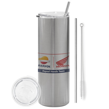 Honda Repsol Team, Eco friendly stainless steel Silver tumbler 600ml, with metal straw & cleaning brush