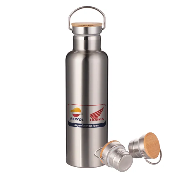 Honda Repsol Team — Μεταλλικό παγούρι θερμός (Stainless steel) Ασημένιο με ξύλινο καπακι (bamboo), διπλού τοιχώματος, 750ml