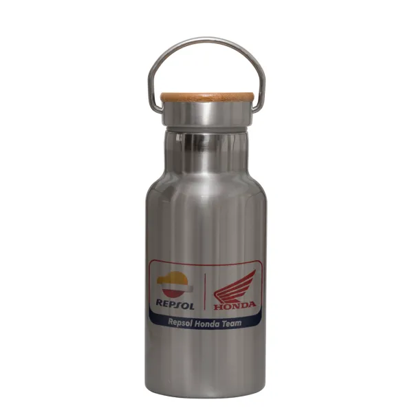 Honda Repsol Team — Stainless steel metallic thermos flask, silver with a bamboo lid, double-walled, 350ml.