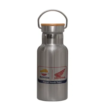 Honda Repsol Team, Stainless steel metallic thermos flask, silver with a bamboo lid, double-walled, 350ml.