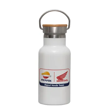 Honda Repsol Team, Metallic thermos (Stainless steel) White with wooden lid (bamboo), double-walled, 350ml