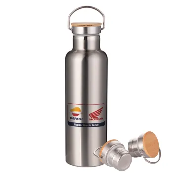 Honda Repsol Team, Μεταλλικό παγούρι θερμός (Stainless steel) Ασημένιο με ξύλινο καπακι (bamboo), διπλού τοιχώματος, 750ml