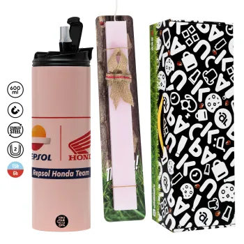 Honda Repsol Team, Easter candle,Travel Tumbler 2 Lids, with metal straw & cleaning brush & aromatic flat candle (30cm) (PINK)