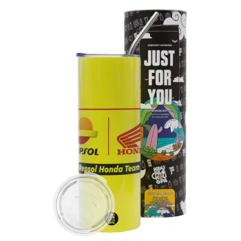 Honda Repsol Team, Neon Yellow Travel Tumbler θερμό, μεταλλικό καλαμάκι(Ανωξείδωτο 304 Food grade, BPA free, 600ml)