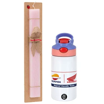 Honda Repsol Team, Easter Set, Children's thermal stainless steel water bottle with safety straw, pink/purple (350ml) & Easter scented flat candle (30cm) (PINK)