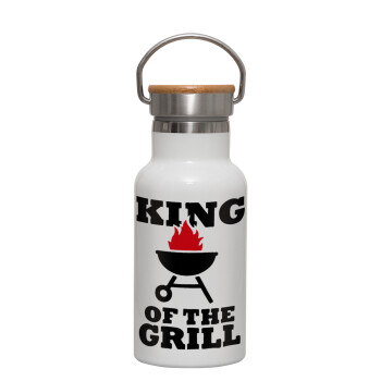 KING of the Grill, Μεταλλικό παγούρι θερμός (Stainless steel) Λευκό με ξύλινο καπακι (bamboo), διπλού τοιχώματος, 350ml