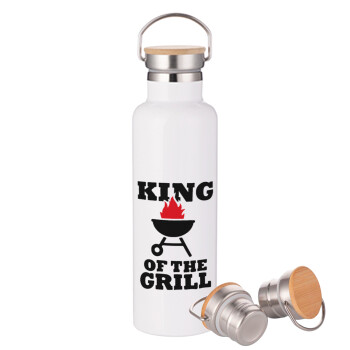 KING of the Grill, Μεταλλικό παγούρι θερμός (Stainless steel) Λευκό με ξύλινο καπάκι (bamboo), διπλού τοιχώματος, 750ml