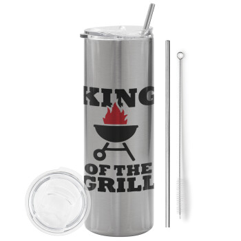 KING of the Grill, Eco friendly ποτήρι θερμό Ασημένιο (tumbler) από ανοξείδωτο ατσάλι 600ml, με μεταλλικό καλαμάκι & βούρτσα καθαρισμού