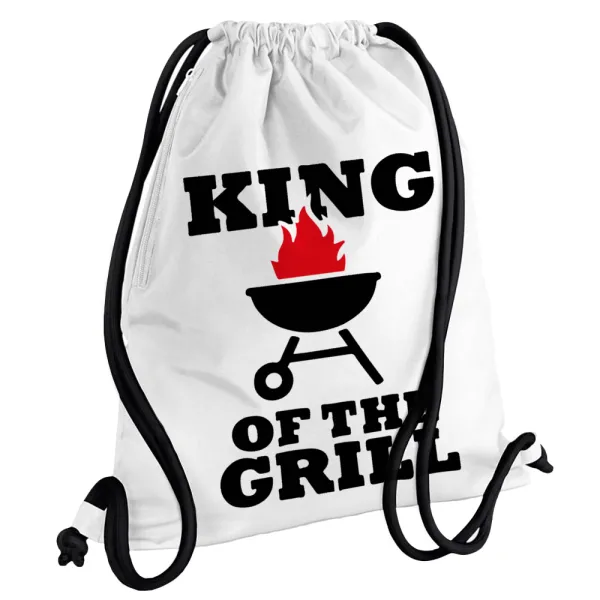 KING of the Grill — Τσάντα πλάτης πουγκί GYMBAG λευκή, με τσέπη (40x48cm) & χονδρά κορδόνια