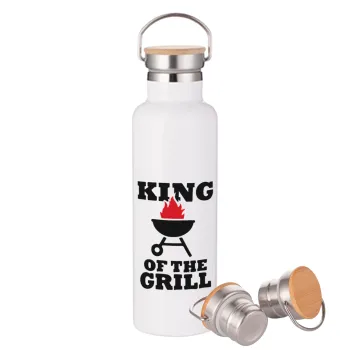 KING of the Grill, Μεταλλικό παγούρι θερμός (Stainless steel) Λευκό με ξύλινο καπάκι (bamboo), διπλού τοιχώματος, 750ml