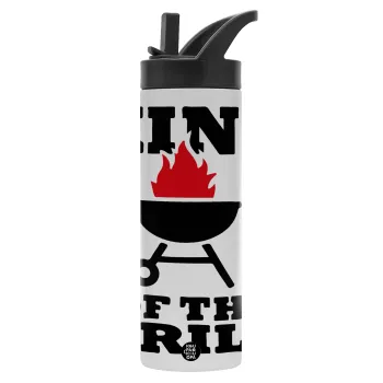 KING of the Grill, Μεταλλικό παγούρι θερμός με καλαμάκι & χειρολαβή, ανοξείδωτο ατσάλι (Stainless steel 304), διπλού τοιχώματος, 600ml