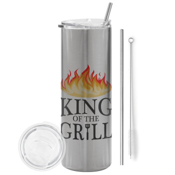 KING of the Grill GOT edition, Eco friendly ποτήρι θερμό Ασημένιο (tumbler) από ανοξείδωτο ατσάλι 600ml, με μεταλλικό καλαμάκι & βούρτσα καθαρισμού