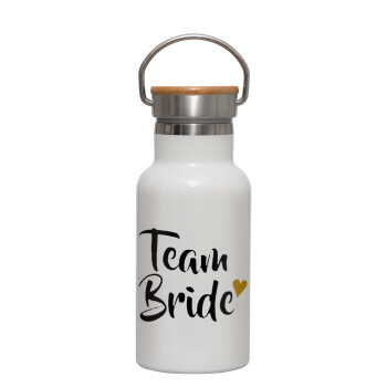 Team Bride, Μεταλλικό παγούρι θερμός (Stainless steel) Λευκό με ξύλινο καπακι (bamboo), διπλού τοιχώματος, 350ml