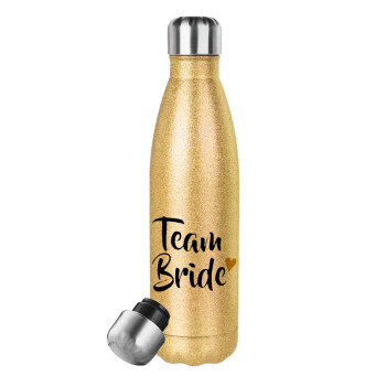 Team Bride, Μεταλλικό παγούρι θερμός Glitter χρυσό (Stainless steel), διπλού τοιχώματος, 500ml