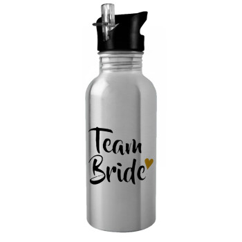 Team Bride, Water bottle Silver with straw, stainless steel 600ml