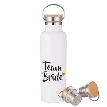 Team Bride, Stainless steel White with wooden lid (bamboo), double wall, 750ml