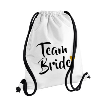 Team Bride, Backpack pouch GYMBAG white, with pocket (40x48cm) & thick cords