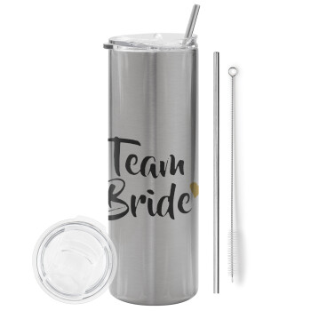 Team Bride, Eco friendly stainless steel Silver tumbler 600ml, with metal straw & cleaning brush