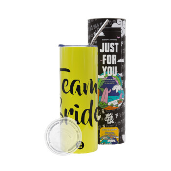 Team Bride, Neon Yellow Travel Tumbler θερμό, μεταλλικό καλαμάκι(Ανωξείδωτο 304 Food grade, BPA free, 600ml)