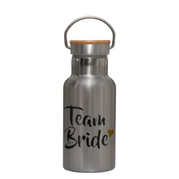 Team Bride, Μεταλλικό παγούρι θερμός (Stainless steel) Ασημένιο με ξύλινο καπακι (bamboo), διπλού τοιχώματος, 350ml