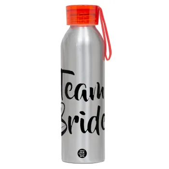 Team Bride, Aluminum Sports Bottle 650ml – Silver with Red Cap and Silicone Strap