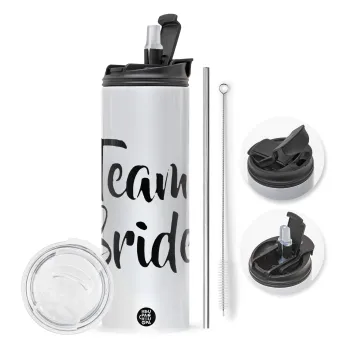 Team Bride, Travel Tumbler θερμό με διπλό καπάκι, μεταλλικό καλαμάκι και βούρτσα καθαρισμού (Ανωξείδωτο 304 Food grade, BPA free, 600ml)