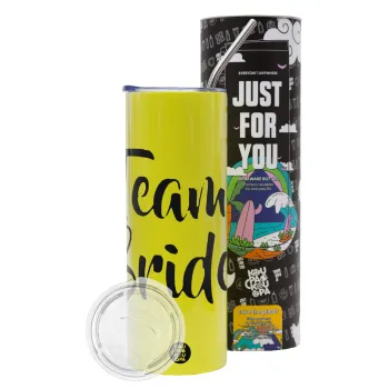 Team Bride, Neon Yellow Travel Tumbler θερμό, μεταλλικό καλαμάκι(Ανωξείδωτο 304 Food grade, BPA free, 600ml)