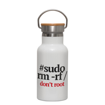 Sudo RM, Μεταλλικό παγούρι θερμός (Stainless steel) Λευκό με ξύλινο καπακι (bamboo), διπλού τοιχώματος, 350ml