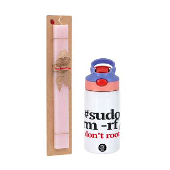 Sudo RM, Easter Set, Children's thermal stainless steel water bottle with safety straw, pink/purple (350ml) & Easter scented flat candle (30cm) (PINK)