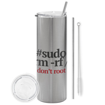 Sudo RM, Eco friendly ποτήρι θερμό Ασημένιο (tumbler) από ανοξείδωτο ατσάλι 600ml, με μεταλλικό καλαμάκι & βούρτσα καθαρισμού