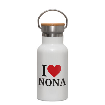 I Love ΝΟΝΑ, Μεταλλικό παγούρι θερμός (Stainless steel) Λευκό με ξύλινο καπακι (bamboo), διπλού τοιχώματος, 350ml