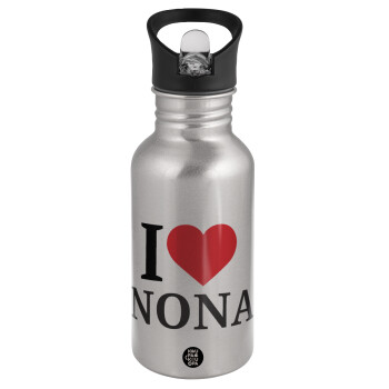 I Love ΝΟΝΑ, Water bottle Silver with straw, stainless steel 500ml