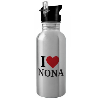 I Love ΝΟΝΑ, Water bottle Silver with straw, stainless steel 600ml