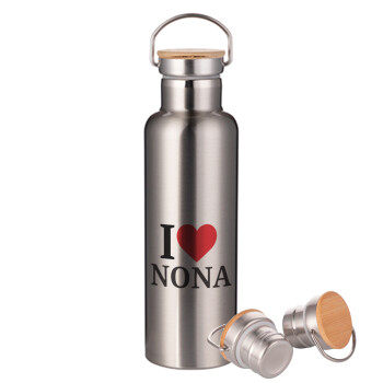 I Love ΝΟΝΑ, Stainless steel Silver with wooden lid (bamboo), double wall, 750ml