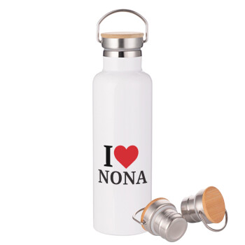 I Love ΝΟΝΑ, Stainless steel White with wooden lid (bamboo), double wall, 750ml