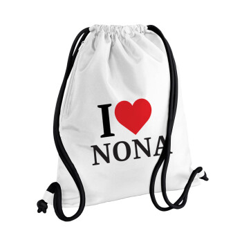 I Love ΝΟΝΑ, Τσάντα πλάτης πουγκί GYMBAG λευκή, με τσέπη (40x48cm) & χονδρά κορδόνια