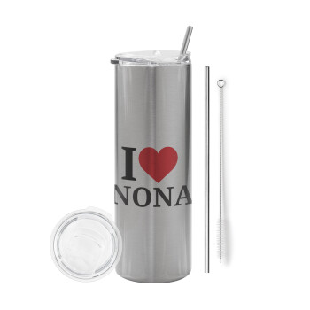 I Love ΝΟΝΑ, Tumbler stainless steel Silver 600ml, with metal straw & cleaning brush