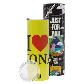 I Love ΝΟΝΑ, Neon Yellow Travel Tumbler θερμό, μεταλλικό καλαμάκι(Ανωξείδωτο 304 Food grade, BPA free, 600ml)