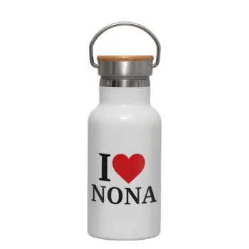 I Love ΝΟΝΑ, Μεταλλικό παγούρι θερμός (Stainless steel) Λευκό με ξύλινο καπακι (bamboo), διπλού τοιχώματος, 350ml